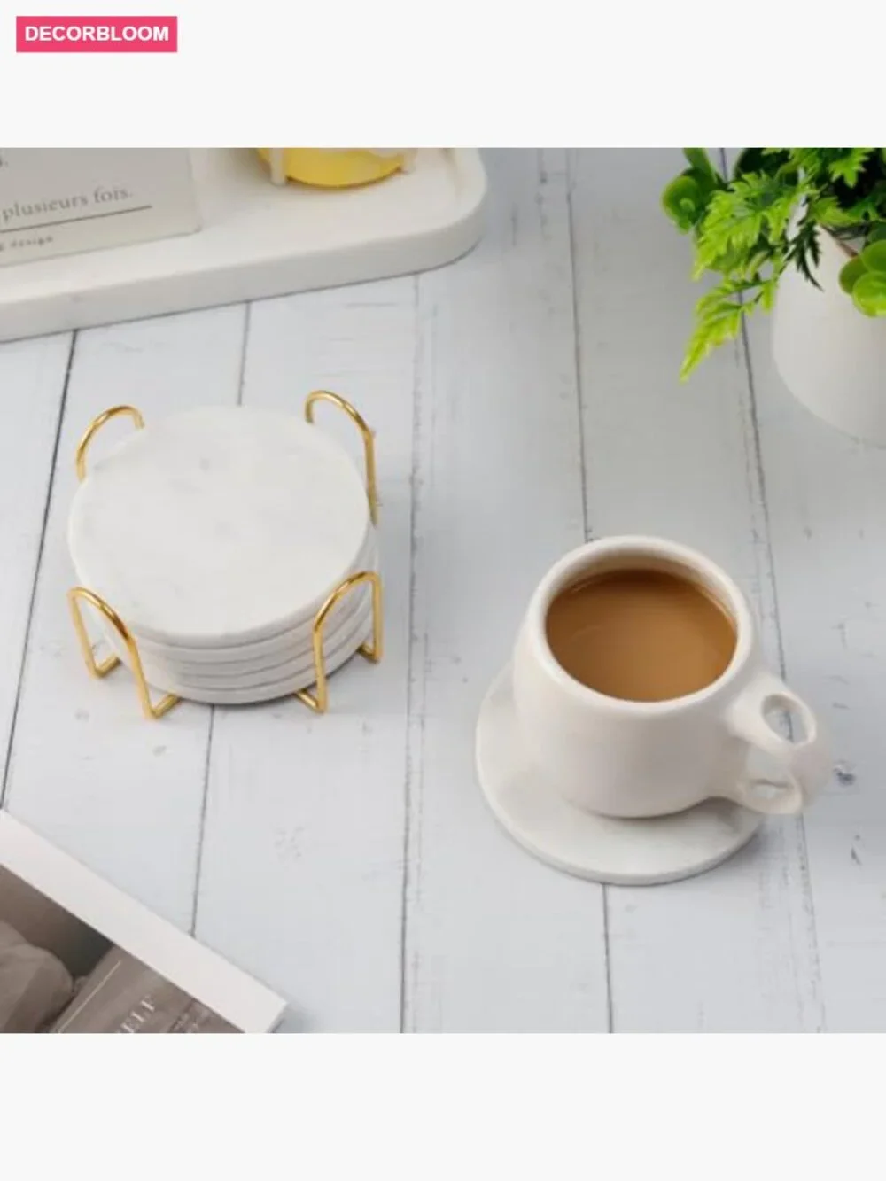 Set of 6 Marble Coasters with Golden Metal Holder, 3.8